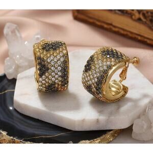 Clip on 1" gold, black animal print stone wide hoop earrings